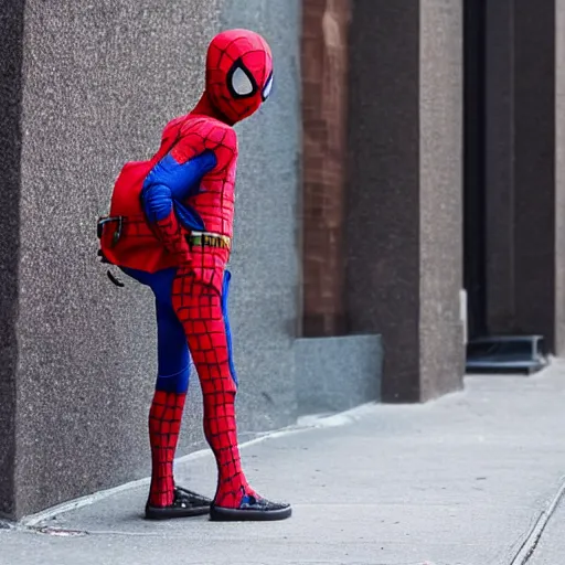 Prompt: photo of spiderman with a backpack on his way to school on the streets of new york, lonely atmosphere