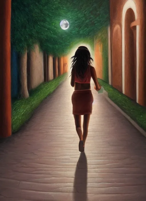 Prompt: young beautiful brown woman walking with her dog on Paseo Montejo in Merida Mexico at night with a full moon, illustration, photoreal, fantasy, trending. masterpiece work of art . oil on canvas. Digitally painted. Realistic. 3D. 8k. UHD.