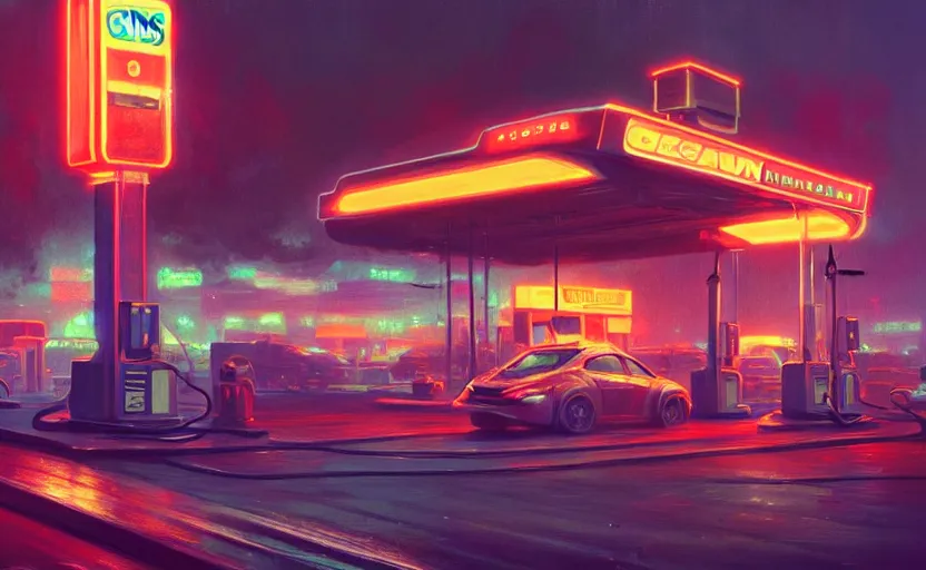Prompt: Gas station, illustrated by Greg Rutkowski and Gaston Bussiere, 35mm lens, beautiful macro close-up imagery, vibrantly lush neon lighting, beautiful volumetric-lighting-style atmosphere, a futuristic atmosphere, intricate, detailed, photorealistic imagery, trending on artstation, 4k, 8k