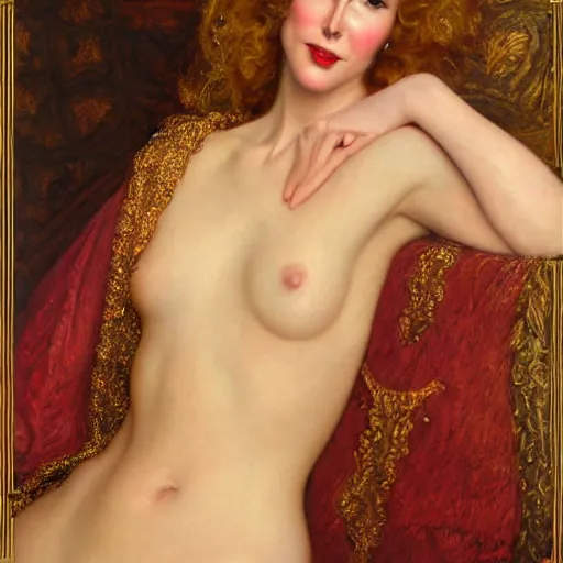 Prompt: beautiful_golden_portrait_of_a_Nicole_Kidman_a s_Grand Odalisque_intricate_oil_paintingby Jo hn_William_Godward_by_Anna_Dittman_by J-H 768-C9.0