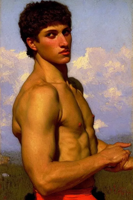 Prompt: Portrait of a young muscular Russian olympic athlete man, orientalist, victor Nizovtsev, bouguereau