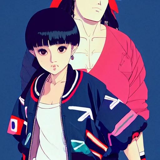 Prompt: a beautiful plus sized model japanese natalie portman, alluring, wearing oversized mayan bomber jacket and leotard with overalls, bulky poofy bomber jacket with mayan patterns, aztec street fashion, gapmoe yandere grimdark, trending on pixiv fanbox, painted by greg rutkowski makoto shinkai takashi takeuchi studio ghibli, akihiko yoshida