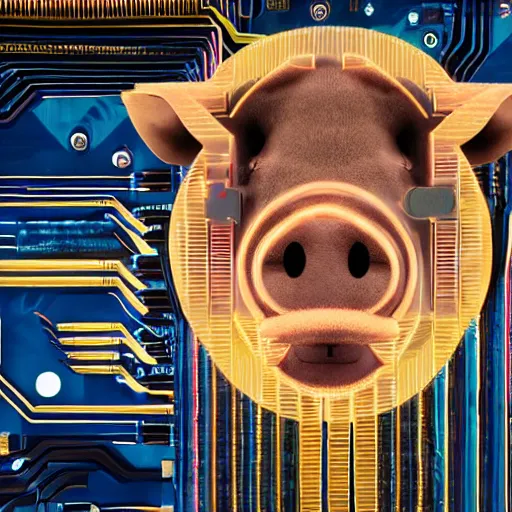 Image similar to a portrait photograph of a big aggressive male cyberpunk pig, circuit boards, motherboard, mainboard, wires, cable management, electrical wires, activity lights, cyberpunk, artstation, detail, hyperrealistic, digital photograph, natural light canon eos c 3 0 0, ƒ 1. 8, 3 5 mm, 8 k