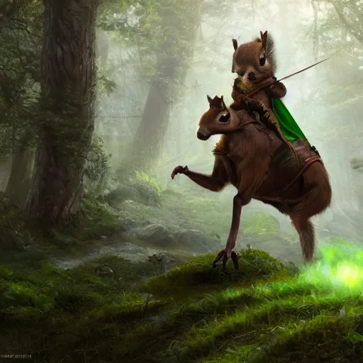 Image similar to oil painting of Anthropomorphized Squirrel warrior riding on Badger, wearing green cloak, wearing war paint, sharp focus, fantasy style, octane render, volumetric lighting, 8k high definition, by greg rutkowski, highly detailed, trending on art Station, magic the gathering artwork, magical forest backround, centered