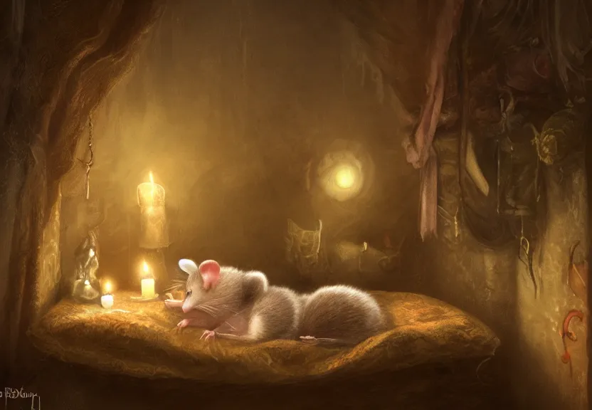 Image similar to cute possum sleeping inside a bed in a medieval cluttered cottage at night under the dim light of a candle, dark fantasy, dreaming illusion, trending on artstation