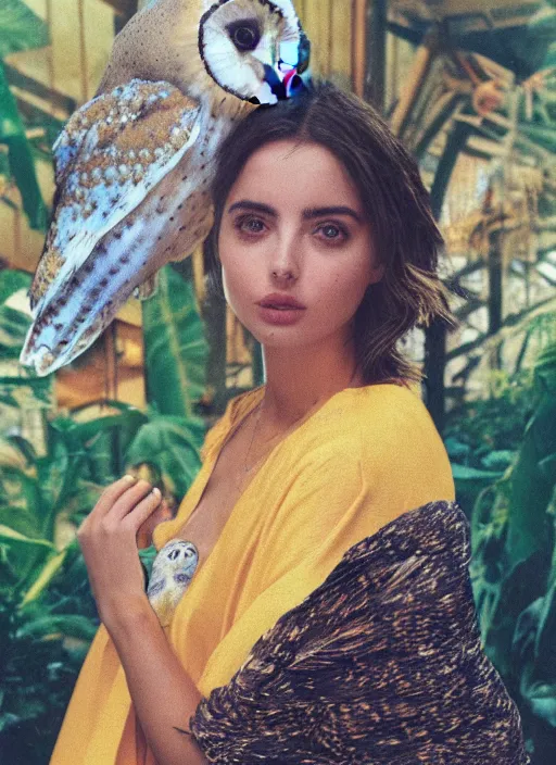 Image similar to grainy head to shoulder portrait Polaroid film photograph of Ana de Armas wearing a yellow kimono with a very detailed barn owl on her shoulder!!! in a tropical greenhouse. looking at the camera!!. super resolution. Extremely detailed. Polaroid 600 film. by Annie Leibovitz and Richard Avedon.