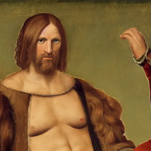 Image similar to a renaissance portrait of Triple H with long flaxen blond hair