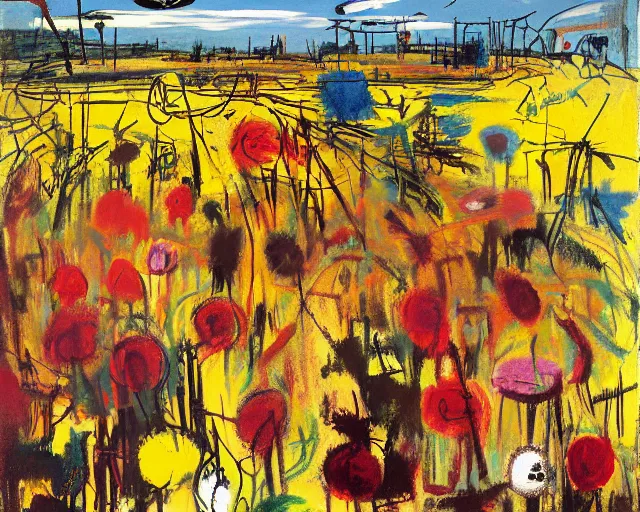 Image similar to painting of a flower field by graham sutherland, basquiat, greg rutkowski!!, neo - expressionism, muted colors!