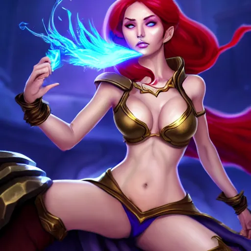 Prompt: The sorceress casting a fire ball, league of legends. She has tiny abdomen & insanely inflated hips body & insanely detailed face (eyes, mouth, hair) & insanely coherent arms (hands). Full body realistic, sharp focus, 8k high definition, insanely detailed, intricate, elegant, smooth, sharp focus, illustration, ArtStation, art by 100% Hearthstone