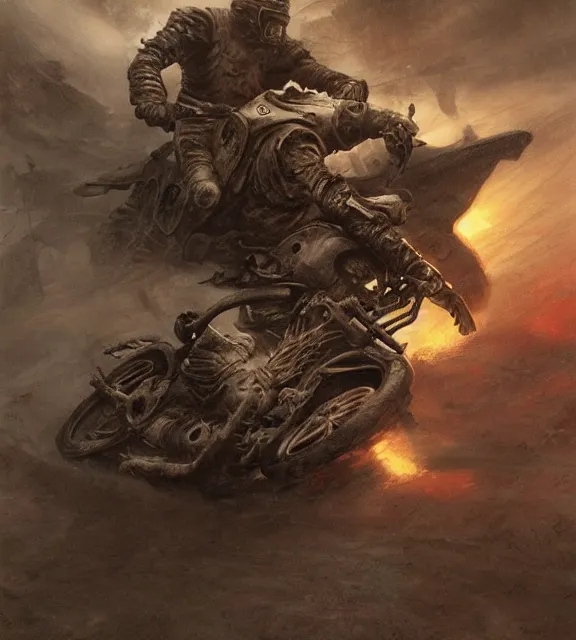 Image similar to motorbikers race in hell, beksinski, age of sigma art, frank frazetta, ruan jia, dark soul armor concept, trending on artstation, wayne barlowe, adrian smith fantasy art, elden ring art, the hobbit art, lord of the ring art, infinity blade armor