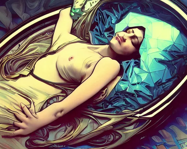 Image similar to cyberpunk woman lying down in a sleeping chamber, realistic illustration, sharp shapes, blue glow, alphonso mucha, mysterious lighting, masterpiece