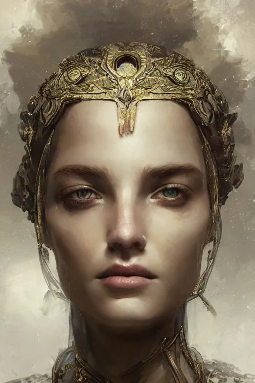 Image similar to greek goddess of ai art, close - up portrait, powerfull, intricate, elegant, volumetric lighting, scenery, digital painting, highly detailed, artstation, sharp focus, illustration, concept art, ruan jia, steve mccurry