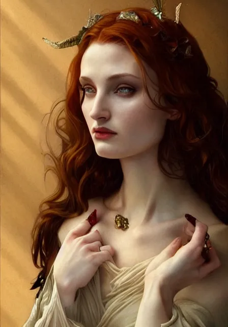 Image similar to sansa angeline jolie gessica chastain victorian vampire, intricate, elegant, highly detailed, digital painting, artstation, concept art, smooth, sharp focus, illustration, art by artgerm and greg rutkowski and alphonse mucha and william - adolphe bouguereau