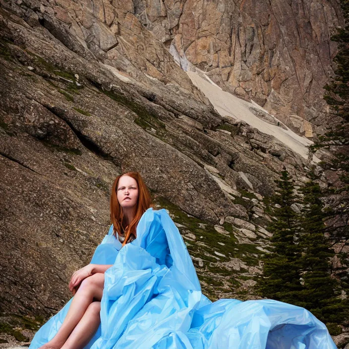 Image similar to a color photograph, closeup portrait of a woman wrapped in plastic, sitting on a throne, in rocky mountain national park in colorado, color photograph, by vincent desiderio, canon eos c 3 0 0, ƒ 1. 8, 3 5 mm, 8 k, medium - format print