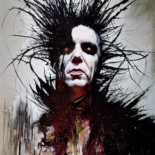 Image similar to gaunt ( the cure fan ) as dream from sandman, dim stars as eyes, nick cave, by jeremy mann, by cedric peyravernay, by ben templesmith, by dave mckean and richard avedon, dramatic lightning, sadness, dark eye sockets, in the shadows, punk rock, gothic, high detailed, 8 k