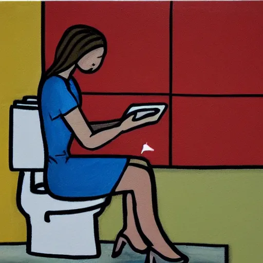 Image similar to painting of a person sitting on toilet scrolling through social media, sad, boring
