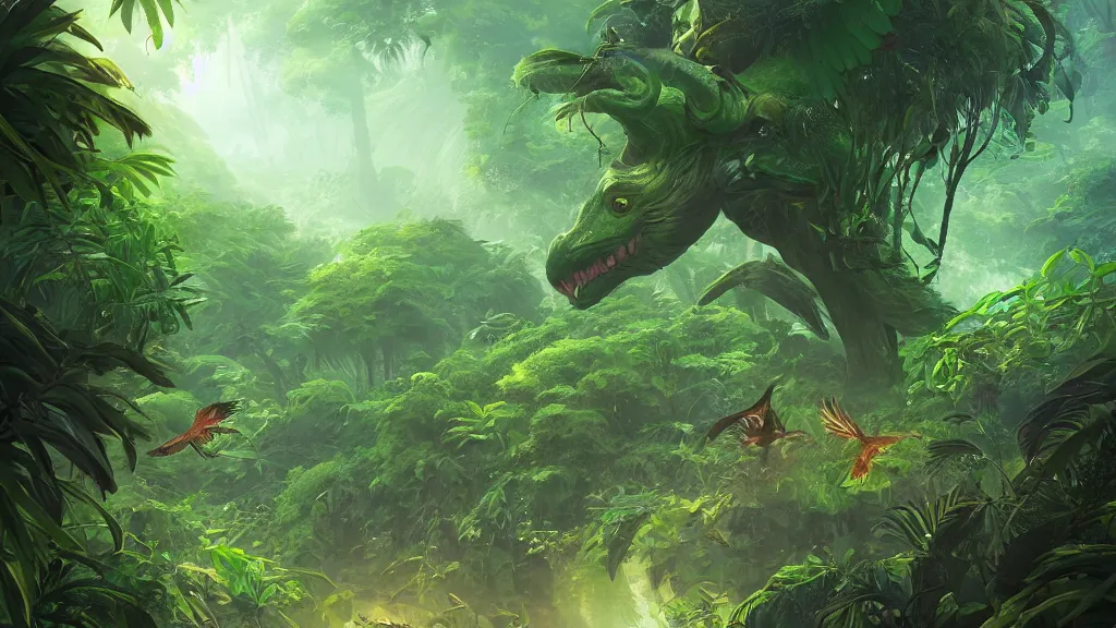 Image similar to giant green winged monster flying through a lush jungle, obscured by giant trees, by sylvain sarrailh, rossdraws, ambient light, ultra detailed, fantasy artwork, 8 k, volumetric lighting, trending on artstation, award winning, very beautiful.