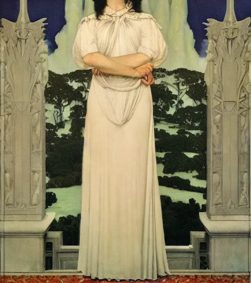 Prompt: an oil painting a queen with dark hair and white fair skin standing on a throne by maxfield parrish, highly detailed, realistic, realism, manierism, oil painting, wide shot