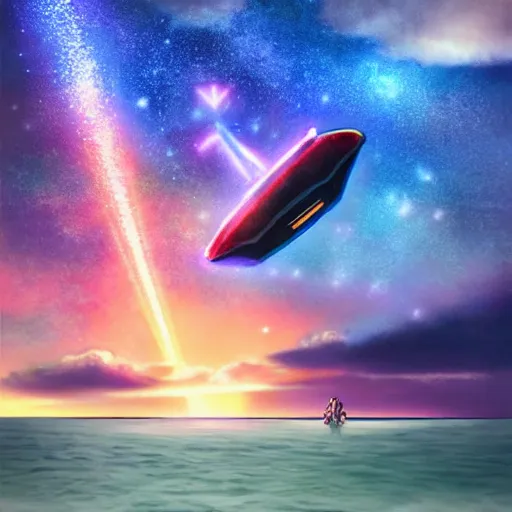 Prompt: a giant glowing spaceship floating in the ocean, an old soul standing on the beach overlooking, colorful sky with many stars, hyper realistic, epic lighting, rending on artstation