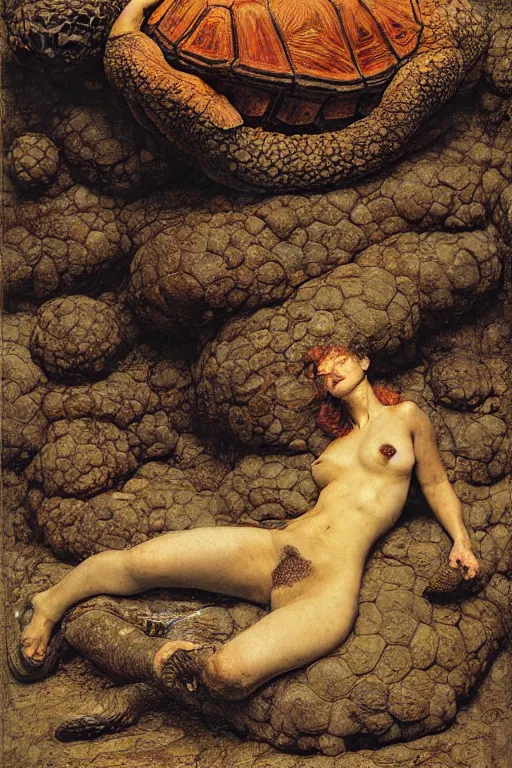 Prompt: a huge tortoise in a volcanic lava cave by lawrence alma tadema and rick berry and norman rockwell and jason fabok and greg staples and nc wyeth