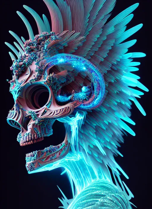 Image similar to 3 d goddess profile portrait, sigma 5 0 0 mm f / 5. beautiful intricate highly detailed quetzalcoatl skull and feathers. bioluminescent, plasma, lava, ice, water, wind, creature, thunderstorm! artwork by tooth wu and wlop and beeple and greg rutkowski, 8 k trending on artstation,