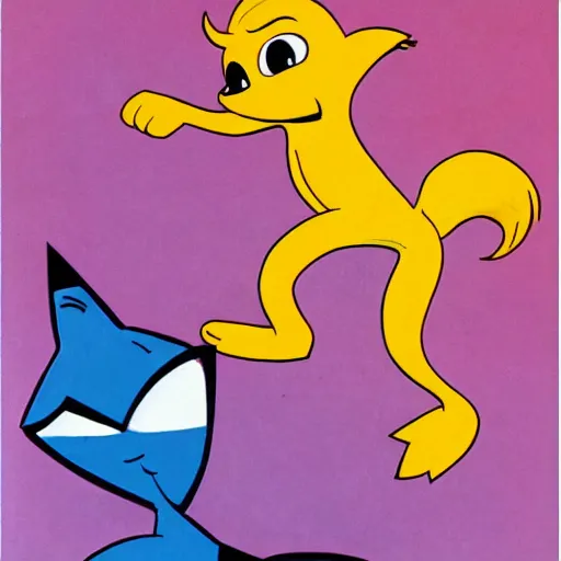 Image similar to a hanna barbera cartoon drawing of miles tails prower flying in the air