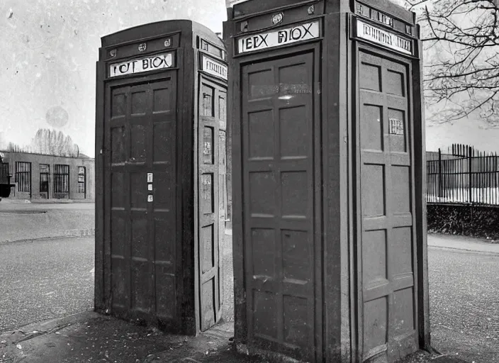 Image similar to photo of a metropolitan police box in suburban london, police box, 1930s, sepia, wide shot