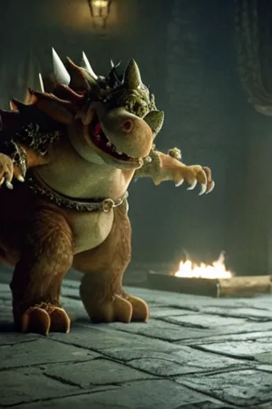 Prompt: very very intricate photorealistic photo of bowser in an episode of game of thrones, photo is in focus with detailed atmospheric lighting, award - winning details