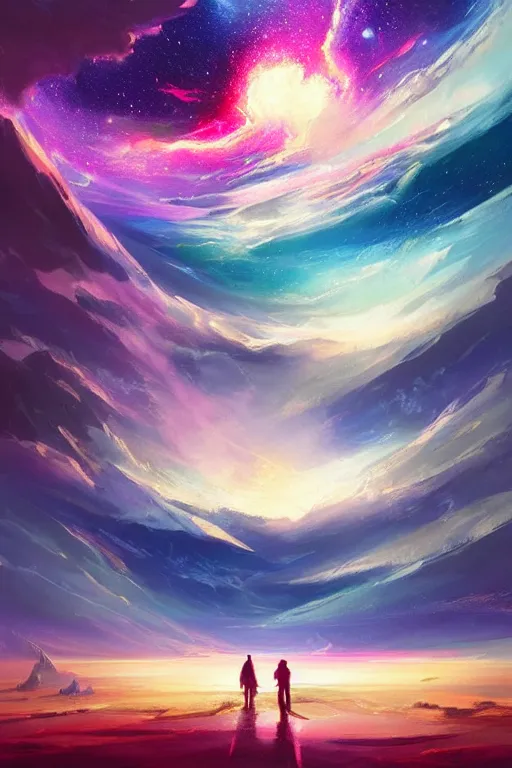 Prompt: A beautiful illustration of a >a colorful galactice galaxy colored Ecru, art by J.M.W. Turner< in the distance landscape surrounded by a lake, hills, blue sky with big clouds by greg rutkowski,TOMOKAZU MATSUYAMA, TOMOKAZU MATSUYAMA and thomas cole, graphic art, anime culture,featured on behance, digital art wallpapers