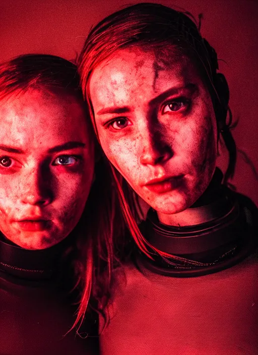 Image similar to cinestill 5 0 d photographic portrait of two loving female androids wearing rugged black mesh techwear on a desolate plain with a red sky, extreme closeup, cyberpunk style, garters, dust storm, 8 k, hd, high resolution, 3 5 mm, f / 3 2, ultra realistic faces, ex machina