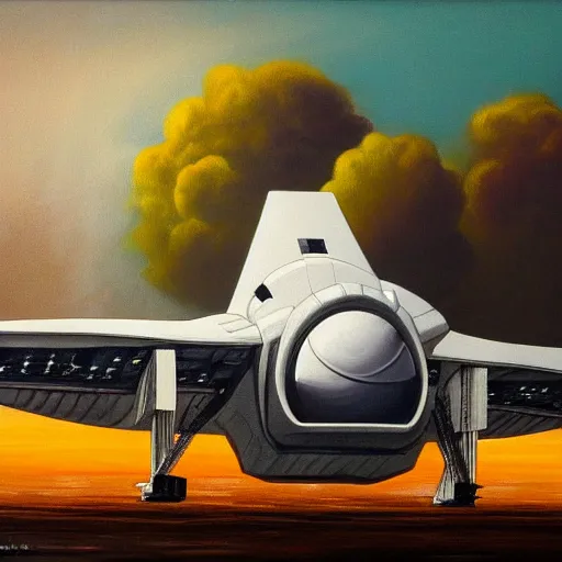 Prompt: detailed oil painting of a spaceship taking off from a spaceport