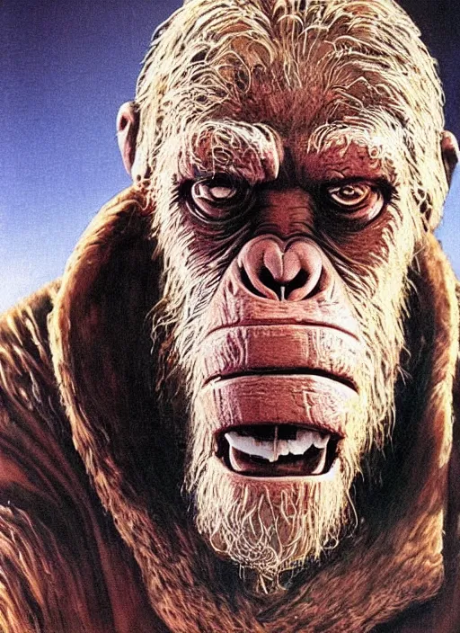 Image similar to portrait of Cornelius from Planet of the Apes (1968) in The Thing (1982), highly detailed, centered, solid color background, digital painting, artstation, concept art, smooth, sharp focus, illustration, artgerm, donato giancola, Joseph Christian Leyendecker, Les Edwards, Ed Repka, WLOP, Artgerm