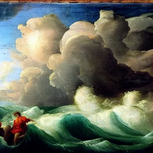 Prompt: a stormy ocean with beautiful clouds. famous renaissance oil painting. beautiful composition.