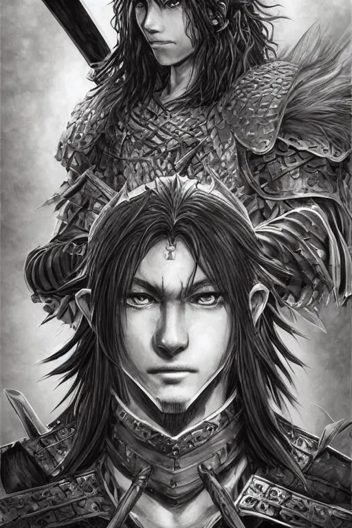 Image similar to A realistic anime portrait of a young handsome male barbarian with long wild hair, intricate fantasy spear, plated armor, D&D, dungeons and dragons, tabletop role playing game, rpg, jrpg, digital painting, by Yoshitaka Amano and Ayami Kojima and Akihiko Yoshida and Yusuke Murata, digtial painting, trending on ArtStation, SFW version