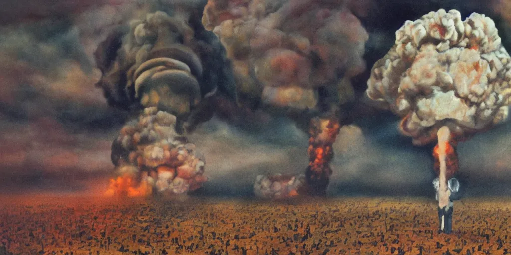 Image similar to Sacking of Washington DC, Mushroom Cloud, 1958, Oil on Canvas, Antiwar, dramatic, digital art