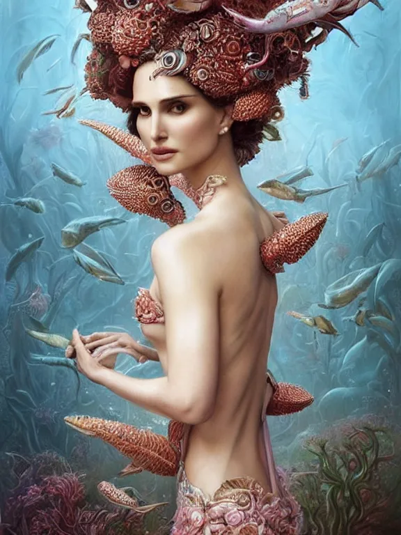 Image similar to a portrait render of Natalie Portman between fish and coral reef who has baroque dramatic headdress with intricate fractals of shellfish and pearls,by tom bagshaw and Agnieszka Lorek and Visarute Angkatavanich and aaron horkey and peter gric,trending on pinterest,rococo,hyperreal,maximalist,glittering,feminine