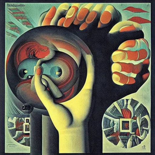 Image similar to the eyeless see all, soviet-style propaganda poster, by Hannah Hoch, by M.C. Escher, by Vladimir very detailed and colorful, beautiful, eerie, surreal, psychedelic