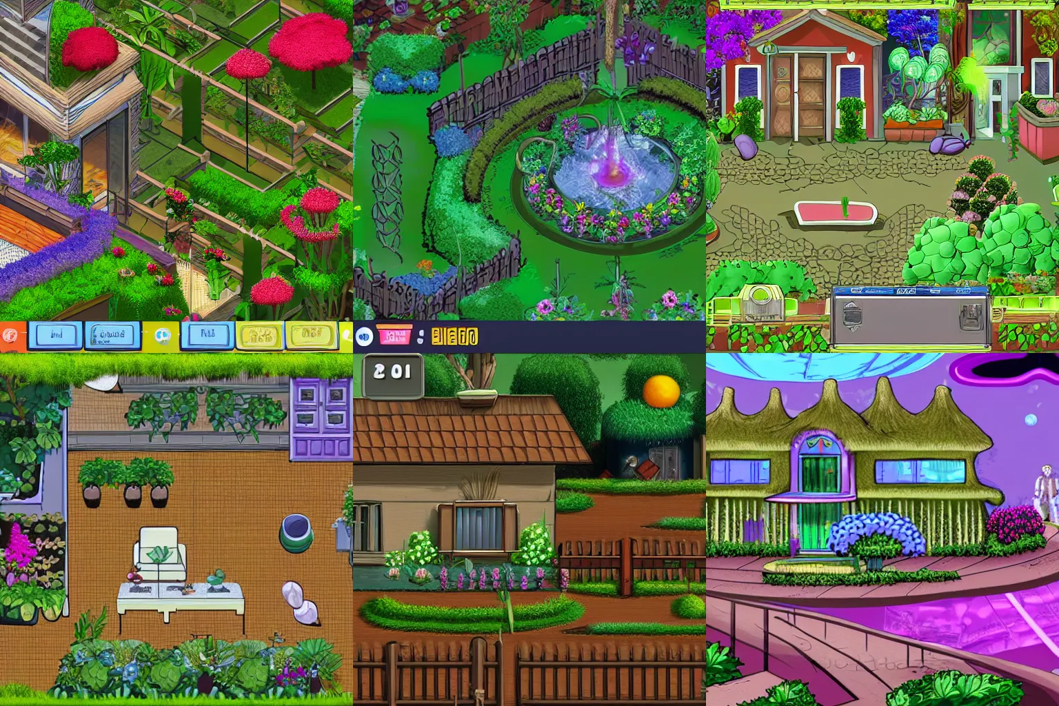 Prompt: a house with a garden in front of it, the garden is full of alien flowers and plants, from a space themed Serria point and click 2D graphic adventure game, high quality graphics