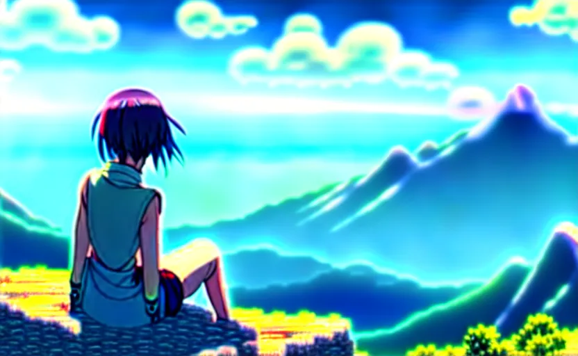 Prompt: An anime girl sitting atop a mountain, overlooking a vast kingdom, anime scenery by Makoto Shinkai, digital art, 4k
