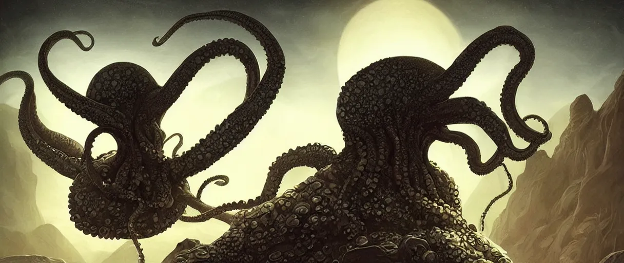 Image similar to detailed hyper realistic alien octopus demigod which looks deeply intimidating, menacing alien snake fighting giant spiders, floating island on a barren exoplanet, beautiful dramatic moody lighting, cinematic atmosphere, by Ralph McQuarrie| sparth:.2 | Tim white:.4 | Rodney Mathews:.2 | Graphic Novel, Visual Novel, Colored Pencil, Comic Book:.2