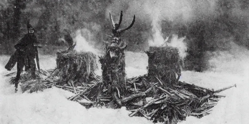 Image similar to 1 9 2 0 s photography of krampus hay monster burning on a pyre, submerged in snow