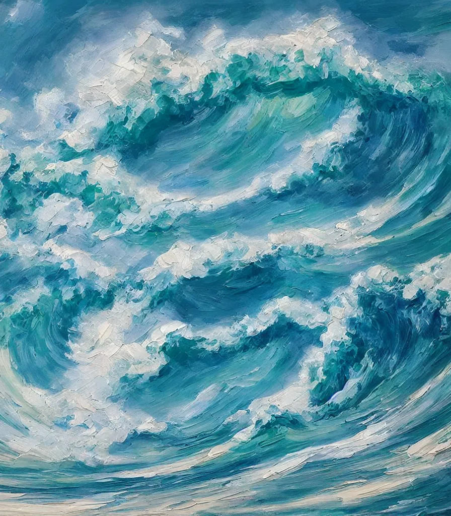 Prompt: an impasto oil painting of a beautiful hawaiian waves, monochromatic color scheme, high detail, breathtaking wave, modern art, abstract art, soft colors