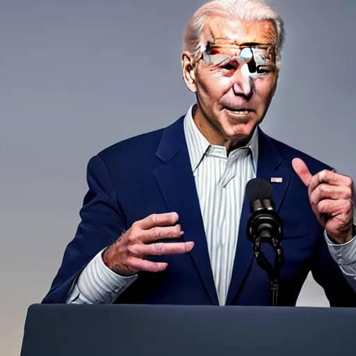 Prompt: joe biden as a cyborg, award winning presidential campaign photography
