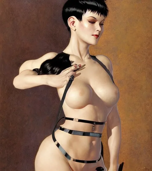 Prompt: a woman with black hair pixie cut in shorts with suspenders drawn by Hajime Sorayama, Paolo Eleuteri Serpieri, frank frazetta, peter paul rubens, alphonse mucha, gustav klimt 4k, unreal 5, DAZ, french noveau, trending on artstation, octane render, hyperrealistic