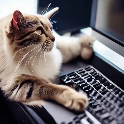 Prompt: a beautiful cat is playing computer