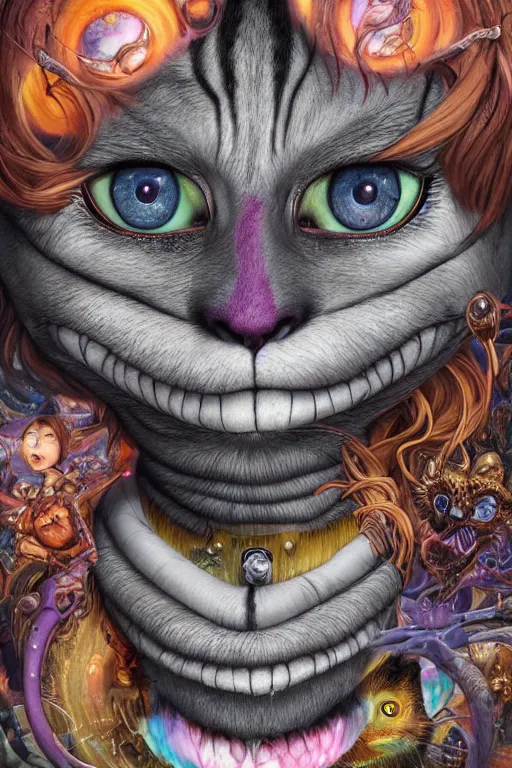 Image similar to dream portrait of Cheshire Cat from Alice in Wonderland,full character, melting ,8k,by tristan eaton,Stanley Artgermm,Tom Bagshaw,Greg Rutkowski,Carne Griffiths, Ayami Kojima, Beksinski, Giger,trending on DeviantArt,face enhance,hyper detailed,minimalist,cybernetic, android, blade runner,full of colour