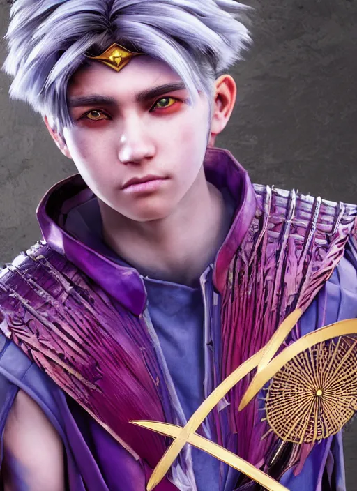 Image similar to An epic fantasy comic book style portrait painting of teenager boy with straight indigo hair, purple eyes with red eye markers, slim body, wearing a detailed Japanese kimono with golden armor pieces, holding a pair of fans. Unreal 5, DAZ, hyperrealistic, octane render, cosplay, RPG portrait, dynamic lighting