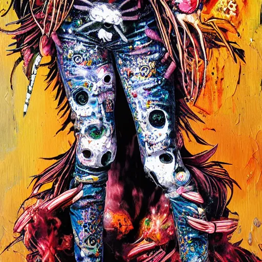 Prompt: ( high definition highly detailed baroque cyberpunk shamaness, varnished oil paint in bright colors on black background with small background color splatters, by katsuhiro otomo ) printed on jeans