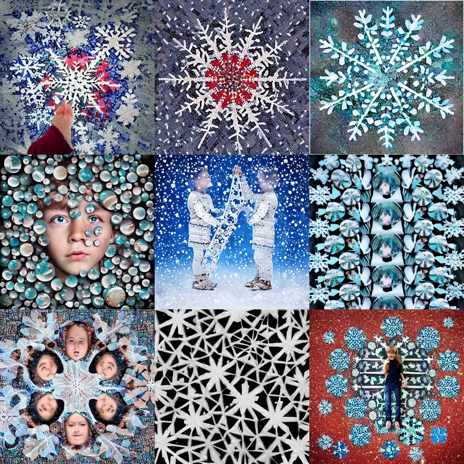 Prompt: surreal photography mosaic snowflakes with tiny human faces. surreal photography