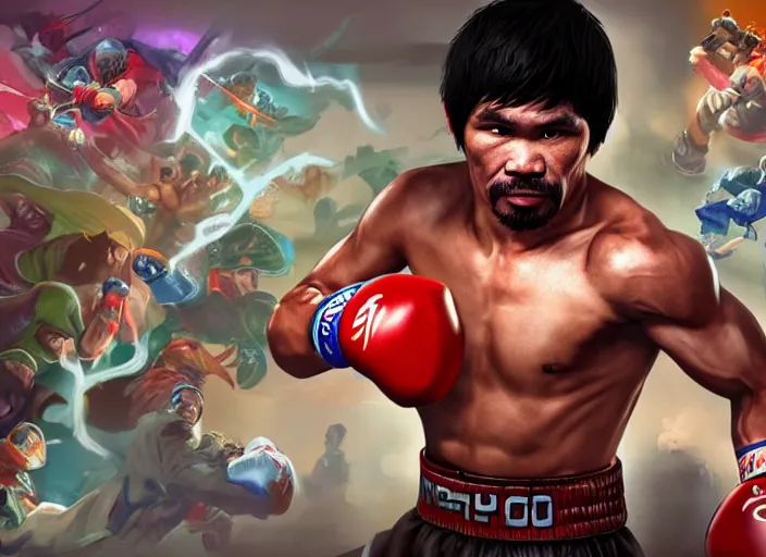 Prompt: manny pacquiao character concept art, digital illustration, trending on artstation, epic composition, 8 k uhd, masterpiece, league of legends splash art